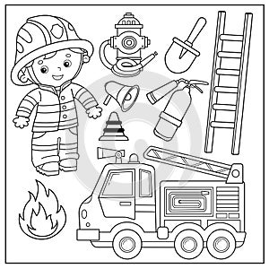 Coloring Page Outline Of cartoon fire truck with fireman or firefighter. Profession. Fire extinguishing tools. Coloring Book for