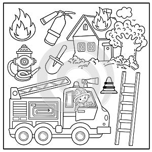 Coloring Page Outline Of cartoon fire truck with fireman or firefighter. Profession. Fire extinguishing tools. Coloring Book for