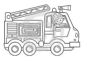 Coloring Page Outline Of cartoon fire truck with fireman or firefighter. Professional transport. Coloring Book for kids