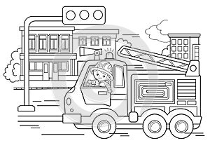 Coloring Page Outline Of cartoon fire truck with fireman or firefighter. Professional transport. Coloring Book for kids