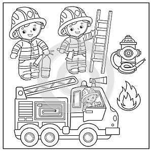 Coloring Page Outline Of cartoon fire truck with firemen or firefighters. Profession. Coloring Book for kids