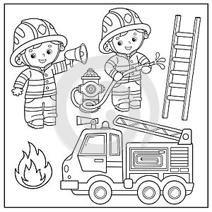 Coloring Page Outline Of cartoon fire truck with firemen or firefighters. Profession. Coloring Book for kids