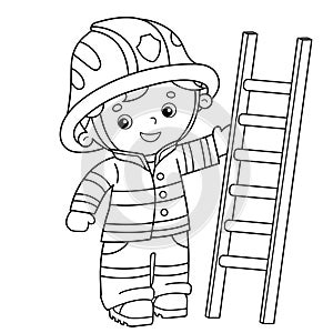 Coloring Page Outline Of cartoon fireman or firefighter with a fire extinguishing ladder. Profession. Coloring Book for kids