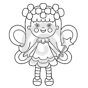Coloring Page Outline Of cartoon flower fairy with magic wand. Little kind wizard or magician. Fairy tale hero or character.