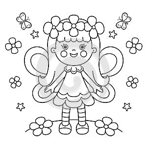 Coloring Page Outline Of cartoon flower fairy with wings. Little kind wizard or magician. Fairy tale hero or character. Coloring