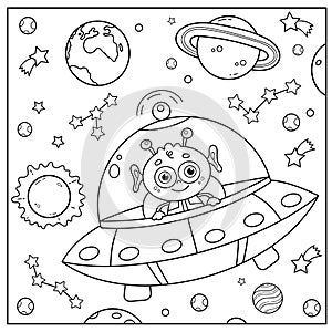 Coloring Page Outline Of a cartoon flying saucer with alien in space. Coloring book for kids