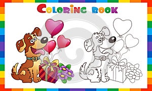Coloring Page Outline of cartoon funny dog with gift and flowers. Greeting card. Birthday. Valentine`s day. Coloring Book for kid