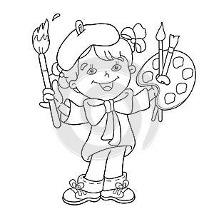 Coloring Page Outline Of cartoon girl artist with paints.