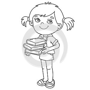 Coloring Page Outline Of cartoon girl with books or textbooks. Little student or schooler. School. Coloring book for kids