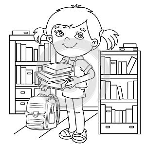 Coloring Page Outline Of cartoon girl with books or textbooks. Little student or schooler. School library. Coloring book for kids