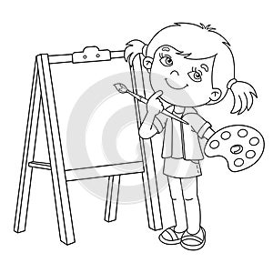 Coloring Page Outline Of cartoon girl with brush and paints. Little artist at the easel. Coloring book for kids