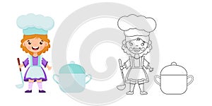 Coloring page outline of cartoon girl chef with large pot. Little cook or scullion in apron and chef hat. Profession.