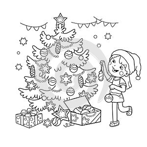 Coloring Page Outline Of cartoon girl decorating the Christmas tree with gifts. Christmas. New year. Coloring book for kids.