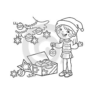 Coloring Page Outline Of cartoon girl decorating the Christmas tree with ornaments and gifts. Christmas. New year. Coloring book f