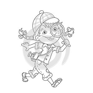 Coloring Page Outline Of cartoon girl detective with loupe