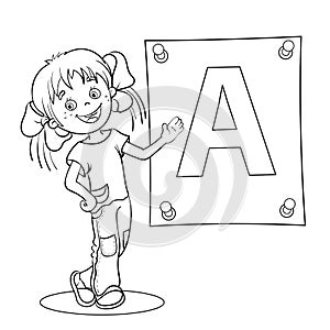 Coloring Page Outline Of a Cartoon Girl with large letter