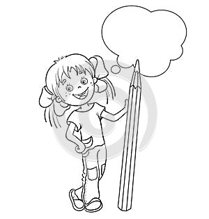 Coloring Page Outline Of a Cartoon Girl with pencil