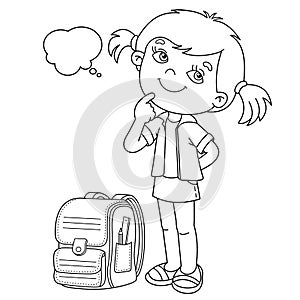 Coloring Page Outline Of cartoon girl with satchel. Little student or schooler. School. Coloring book for kids