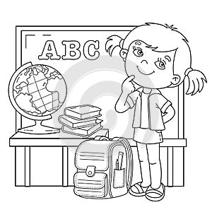 Coloring Page Outline Of cartoon girl with school supplies. Little student or schooler with globe, books and satchel. School photo