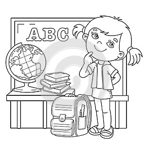 Coloring Page Outline Of cartoon girl with school supplies. Little student or schooler with globe, books and satchel. School