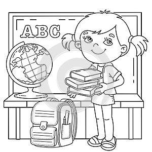 Coloring Page Outline Of cartoon girl with school supplies. Little student or schooler with globe, books and satchel. School