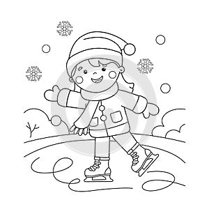 Coloring Page Outline Of cartoon girl skating. Winter sports. Coloring book for kids