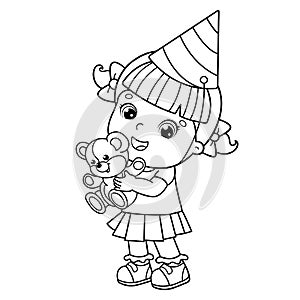 Coloring Page Outline Of cartoon girl with a teddy bear at the holiday. Birthday. Coloring book for kids