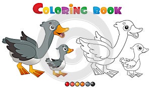 Coloring Page Outline of cartoon goose with gosling. Farm animals. Coloring book for kids