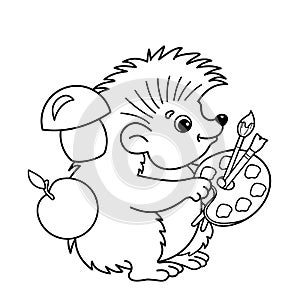 Coloring Page Outline Of cartoon hedgehog with brushes and paints