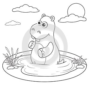 Coloring page outline of cartoon hippo in lake. Page for coloring book of funny elephant for kids. Activity colorless