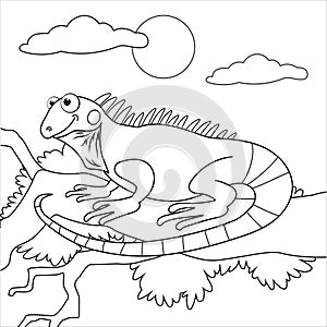 Coloring page outline of cartoon iguana on branch. Page for coloring book of funny lizard for kids. Activity colorless picture