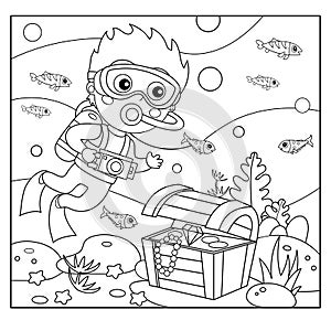 Coloring Page Outline of cartoon little boy scuba diver with chest of treasure. Marine photography or shooting. Underwater world.
