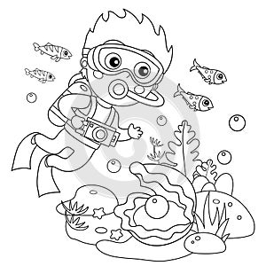 Coloring Page Outline of cartoon little boy scuba diver. Marine photography or shooting. Underwater world. Coral reef with fishes