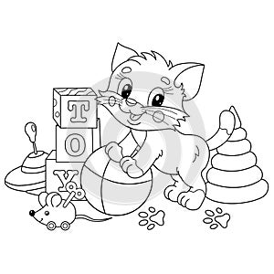 Coloring Page Outline Of cartoon little cat with ball and toys. Cute playful kitten. Pet. Coloring book for kids