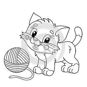 Coloring Page Outline Of cartoon little cat with ball of yarn. Cute playful kitten. Pet. Coloring book for kids