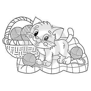 Coloring Page Outline Of cartoon little cat with basket for knitting. Cute playful kitten with balls of yarn. Pet. Coloring book