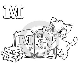 Coloring Page Outline Of cartoon little cat with school books. Cute kitten with textbook. Alphabet and reading. Coloring book for