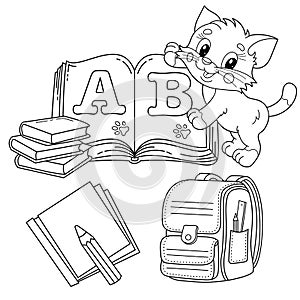 Coloring Page Outline Of cartoon little cat with school supplies. Cute kitten with satchel, books and textbooks. Alphabet and
