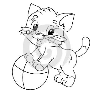 Coloring Page Outline Of cartoon little cat with toy ball. Cute playful kitten. Pet. Coloring book for kids