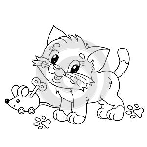 Coloring Page Outline Of cartoon little cat with toy clockwork mouse. Cute playful kitten. Pet. Coloring book for kids