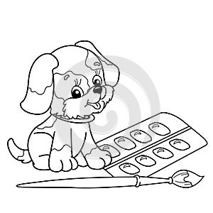 Coloring Page Outline Of cartoon little dog with brush and paints. Cute puppy artist. Pet. Coloring book for kids