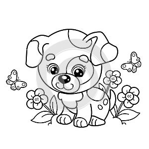 Coloring Page Outline Of cartoon little dog on flower clearing. Cute puppy with butterfly. Pet. Coloring book for kids