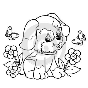 Coloring Page Outline Of cartoon little dog on flower clearing. Cute puppy with butterfly. Pet. Coloring book for kids