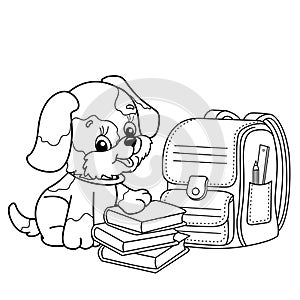 Coloring Page Outline Of cartoon little dog with school supplies. Cute puppy with satchel and books. Coloring book for kids