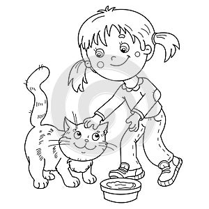 Coloring Page Outline Of cartoon little girl with her cat. Pet. Coloring Book for kids