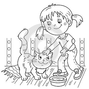 Coloring Page Outline Of cartoon little girl with her cat. Pet. Coloring Book for kids