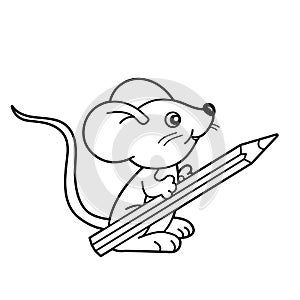 Coloring Page Outline Of cartoon little mouse with pencil. Coloring book for kids