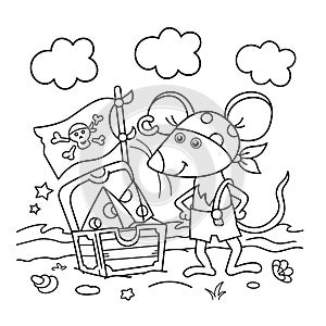 Coloring Page Outline Of cartoon little pirate mouse with chest of treasure. Cheese trove. Coloring Book for kids