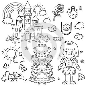 Coloring Page Outline Of cartoon lovely prince with beautiful princess. Royal castle. Fairy tale heroes or characters. Coloring
