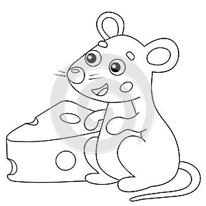 Coloring Page Outline of cartoon mouse with cheese. Animals. Coloring book for kids